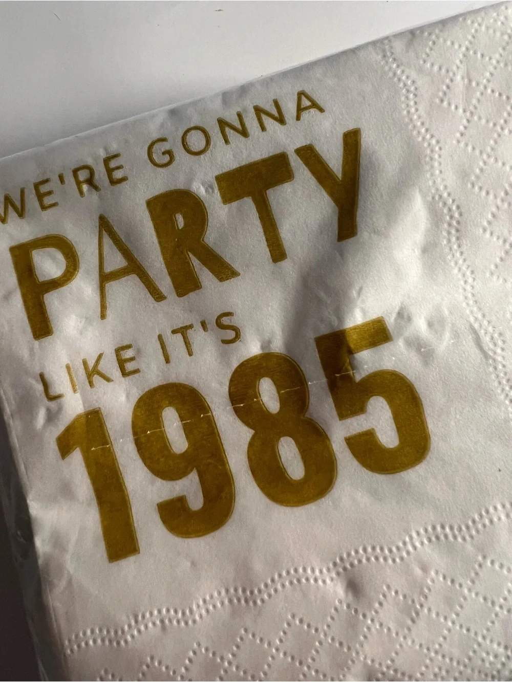 News Gold Foil 'Party Like It's 1985' White Cocktail Napkins